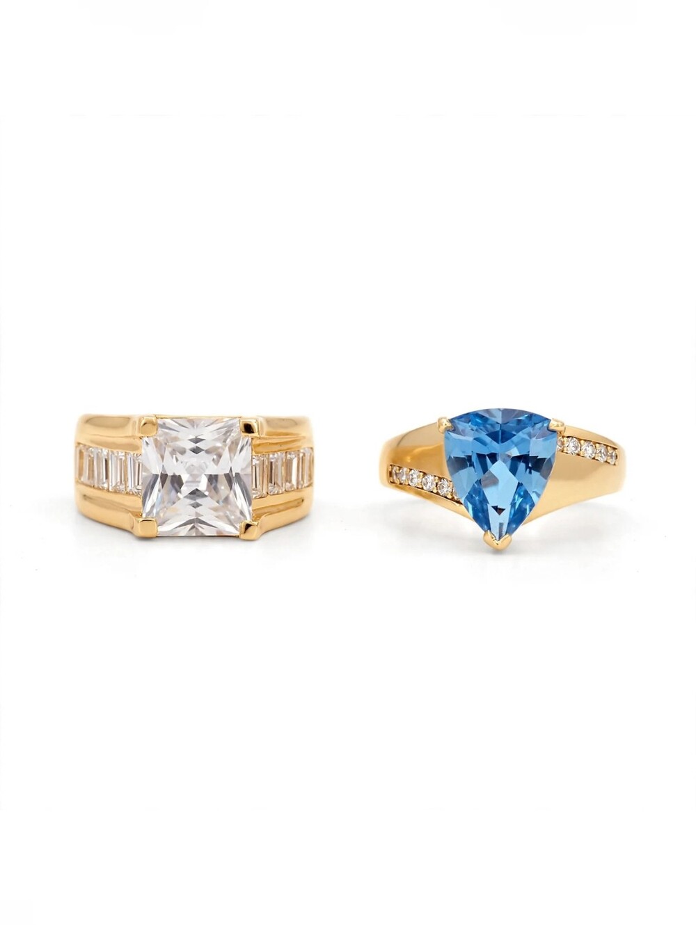 SETA Set of 2 Rings Size 5 Gold Tone Clear Princess & Blue Topaz Teardrop